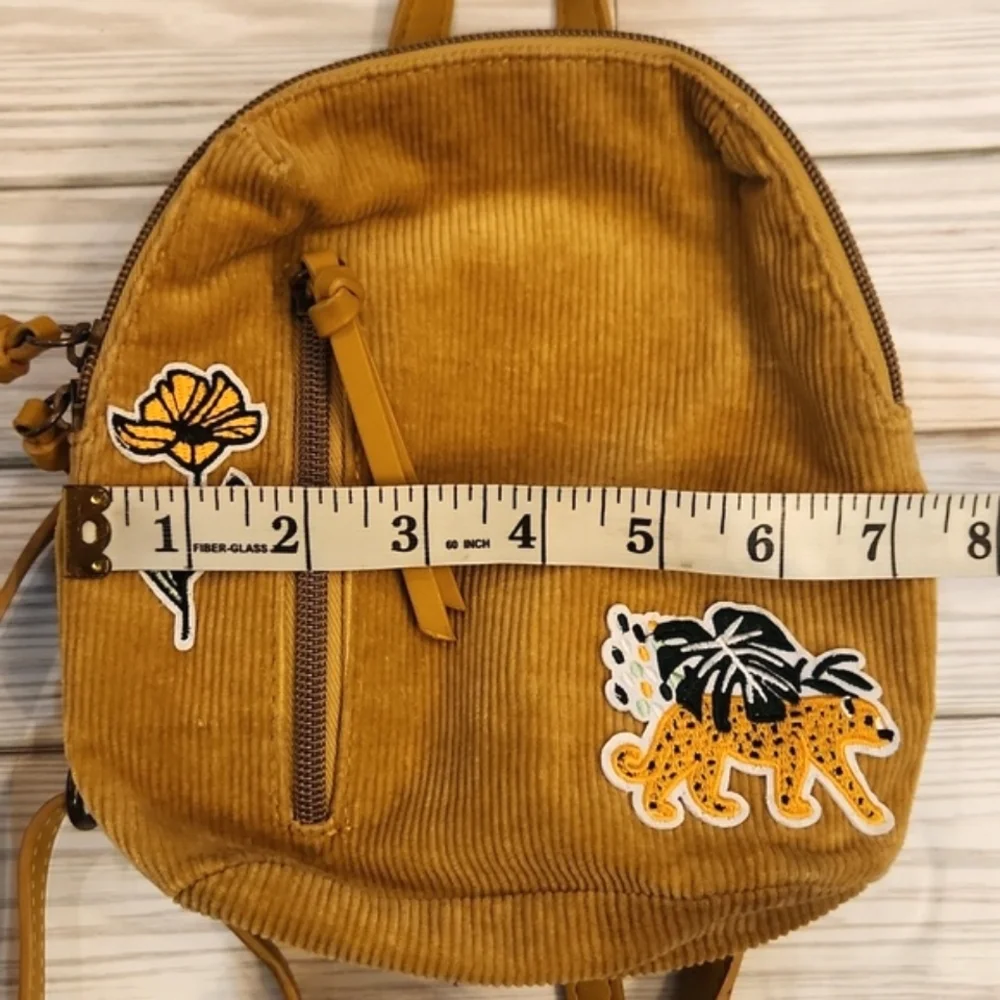 Mustard Corduroy Mini Backpack with Floral & Leopard Patches